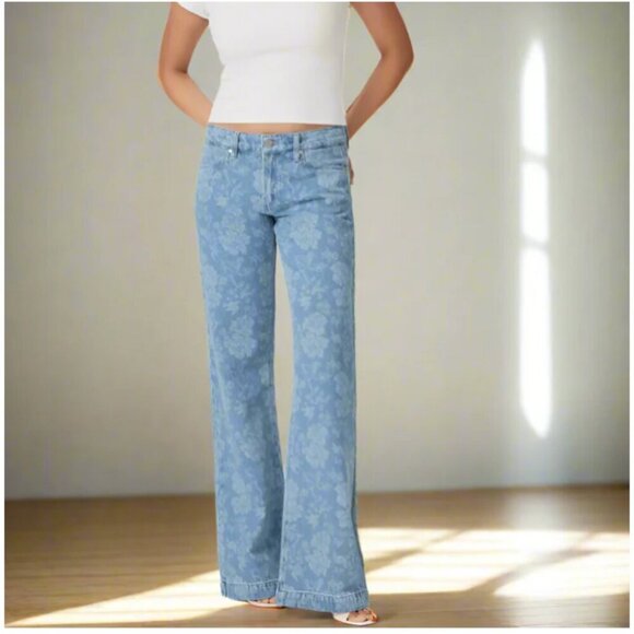 Paige Sonja Blue Floral Jacquard Wide Leg Trouser Jeans 27 - Picture 7 of 7